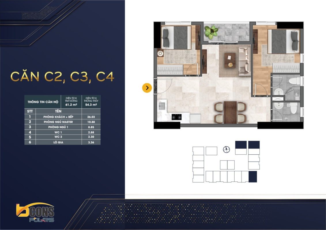 thiết kế căn hộ Bcons Polaris 2 phòng ngủ góc
