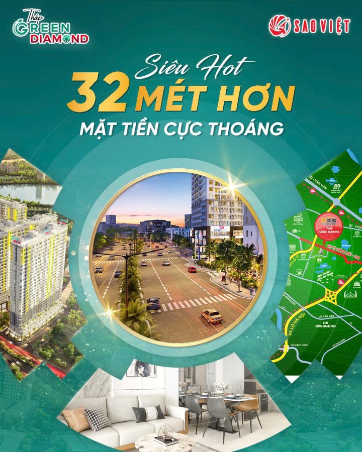 SIÊU HOT “32 MÉT HƠN”, MẶT TIỀN CĂN HỘ GREEN DIAMOND CỰC THOÁNG Thành phố càng phát triển, quỹ đất càng “nghẹt thở” – thế nên một mặt tiền 32m ngay trung tâm lại trở thành đặc quyền sống sang mà không phải dự án nào cũng có. ✨ Khoảng thở hiếm hoi – mở rộng tầm nhìn, đón gió trời và ánh sáng tự nhiên. ✨ Không gian an toàn – giảm tiếng ồn, hạn chế khói bụi, tạo lối vào thông thoáng. ✨ Giá trị đầu tư bền vững – mặt tiền càng rộng, bất động sản càng dễ tăng giá và giữ thanh khoản. ✨ Kết nối hạ tầng tối ưu – từ đây, chỉ vài phút đã chạm Metro Suối Tiên, BX Miền Đông, TTTM GO, BV Ung Bướu, Làng ĐH Quốc Gia. Ở Green Diamond, mặt tiền 32m chính là “điểm vàng” biến dự án thành tọa độ an cư lý tưởng và tài sản đầu tư sinh lời vượt trội. Một cú “upgrade” chất sống – vừa chill với không gian rộng mở, vừa tận hưởng tiện ích “all-in-one” ngay xung quanh. ✨ Green Diamond – Viên kim cương xanh trong lòng thành phố ✨